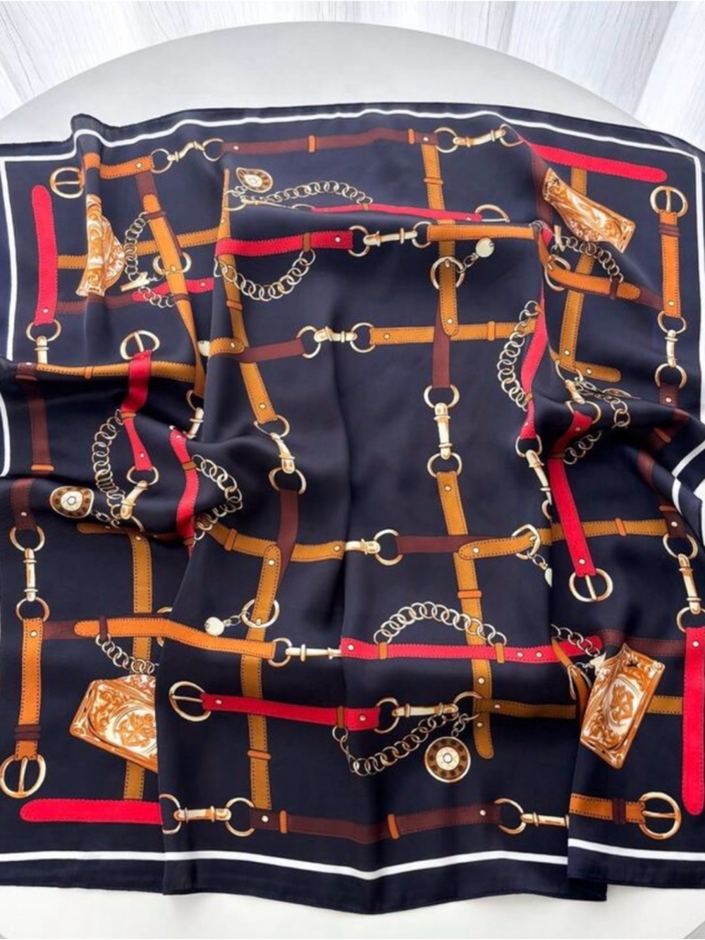 Silky Equine Print Square Scarf in Black, Brown & Red